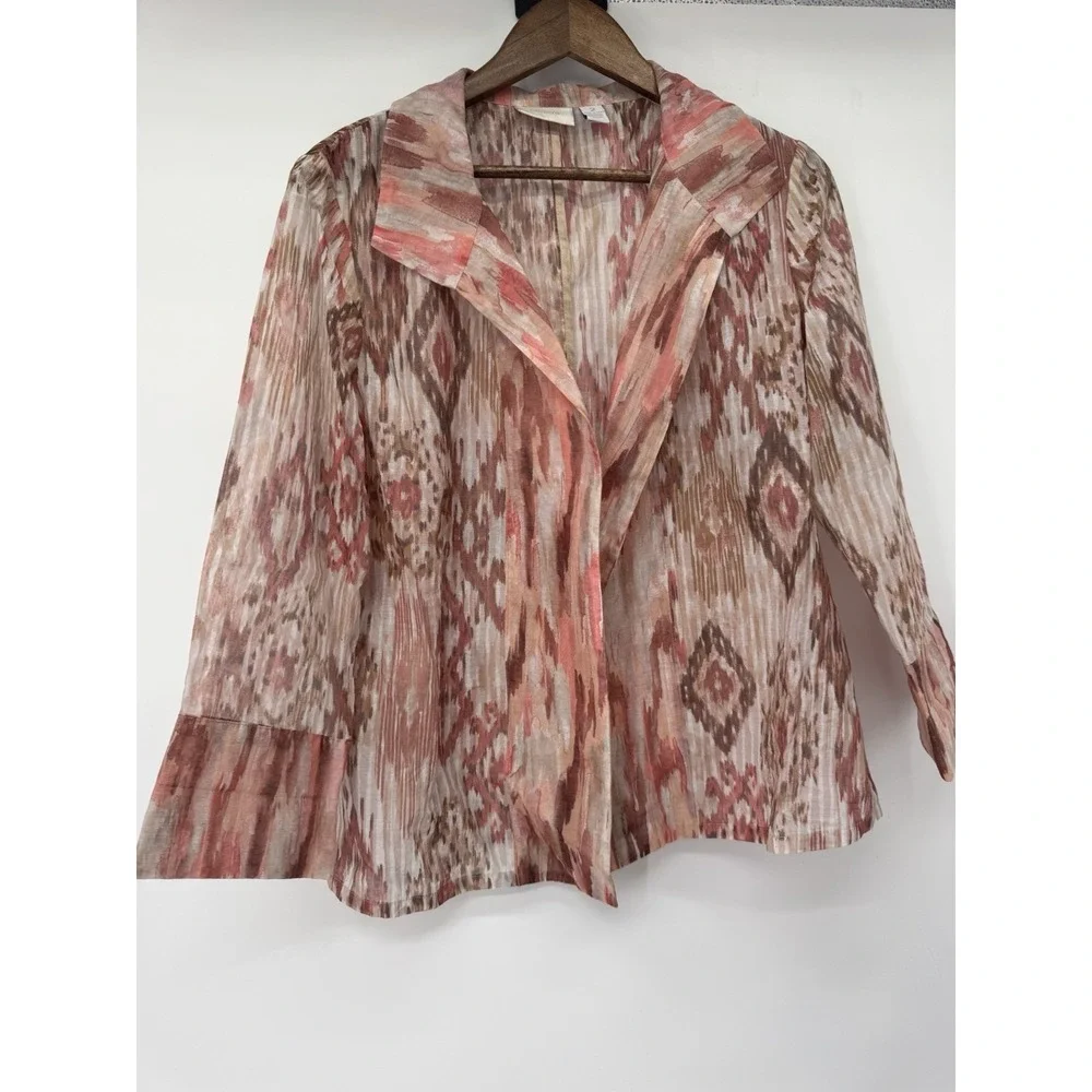 Chicos Jacket Blazer Pink Ikat 3/4 Sleeve Sheer Open Front Office Large 2 Geo‎